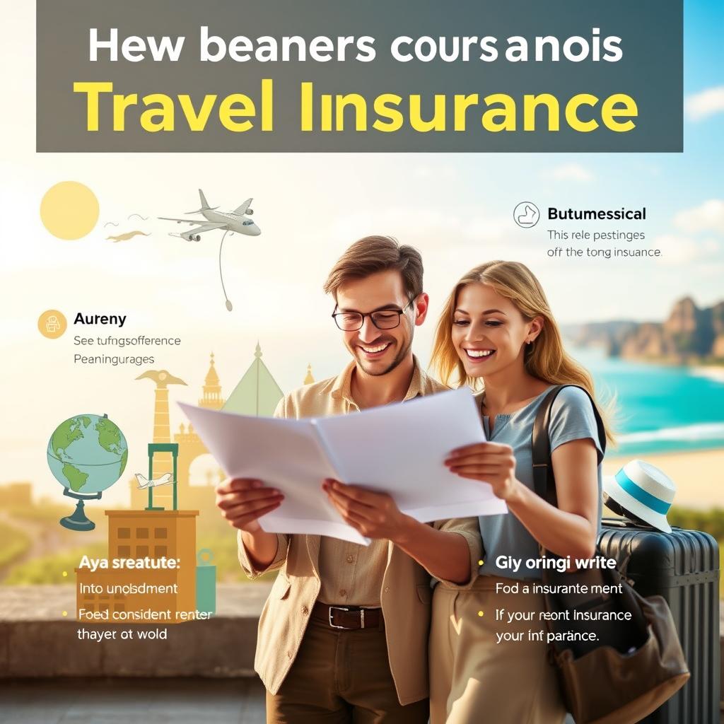 A visually engaging scene showcasing the key benefits of travel insurance coverage. In the foreground, depict a professional couple in modest casual clothing, happily reviewing travel-related documents with expressions of relief and confidence. In the middle ground, illustrate iconic travel elements like a suitcase and a globe, symbolizing exploration and adventure. In the background, create a serene destination view—a sunny beach, a majestic mountain, or an iconic cityscape—highlighting the joys of travel. Use soft, warm lighting to evoke feelings of security and optimism, and employ a slightly blurred focus on the background to emphasize the couple in the foreground. Capture a friendly, inviting atmosphere that reflects the confidence and peace of mind that travel insurance provides.
