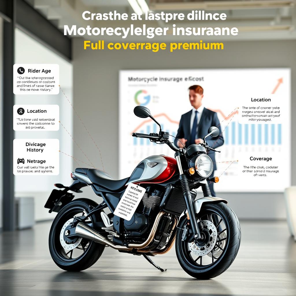 A visually informative illustration representing the various factors influencing motorcycle insurance costs, focusing on full coverage premiums. In the foreground, depict a detailed motorcycle with various tags highlighting key factors such as rider age, motorcycle model, location, driving history, and coverage options. In the middle section, include a sleek, modern office environment where an insurance agent is reviewing these factors with a customer, dressed in professional attire. The background should feature a stylized graph or chart displaying statistical data related to insurance premiums and cost factors. Use bright, natural lighting to create a welcoming atmosphere, with a slight depth of field to emphasize the motorcycle and the interaction between the agent and the customer. A visually informative illustration representing the various factors influencing motorcycle insurance costs, focusing on full coverage premiums. In the foreground, depict a detailed motorcycle with various tags highlighting key factors such as rider age, motorcycle model, location, driving history, and coverage options. In the middle section, include a sleek, modern office environment where an insurance agent is reviewing these factors with a customer, dressed in professional attire. The background should feature a stylized graph or chart displaying statistical data related to insurance premiums and cost factors. Use bright, natural lighting to create a welcoming atmosphere, with a slight depth of field to emphasize the motorcycle and the interaction between the agent and the customer.