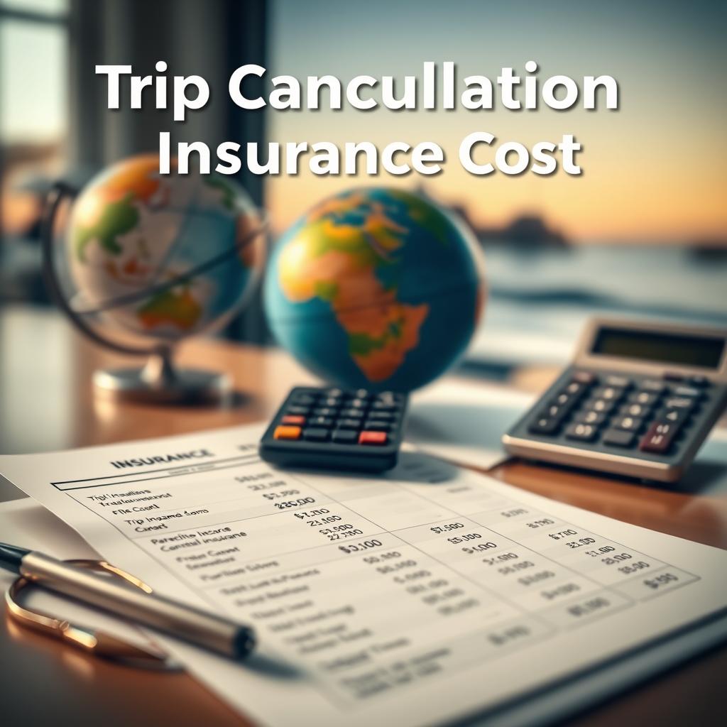 A visually striking composition illustrating the concept of trip cancellation insurance cost. In the foreground, display a neatly organized travel budget sheet with numbers prominently highlighting the costs of various travel insurance options. The middle ground features a calculator and a globe, symbolizing travel. The background includes a scenic landscape of a beach or mountain destination, suggesting travelers' adventure plans. Soft, warm lighting enhances the inviting atmosphere, while a shallow depth of field focuses attention on the budget and calculator, suggesting clarity in financial planning. The overall mood is professional yet optimistic, embodying the promise of protection and peace of mind for travelers.
