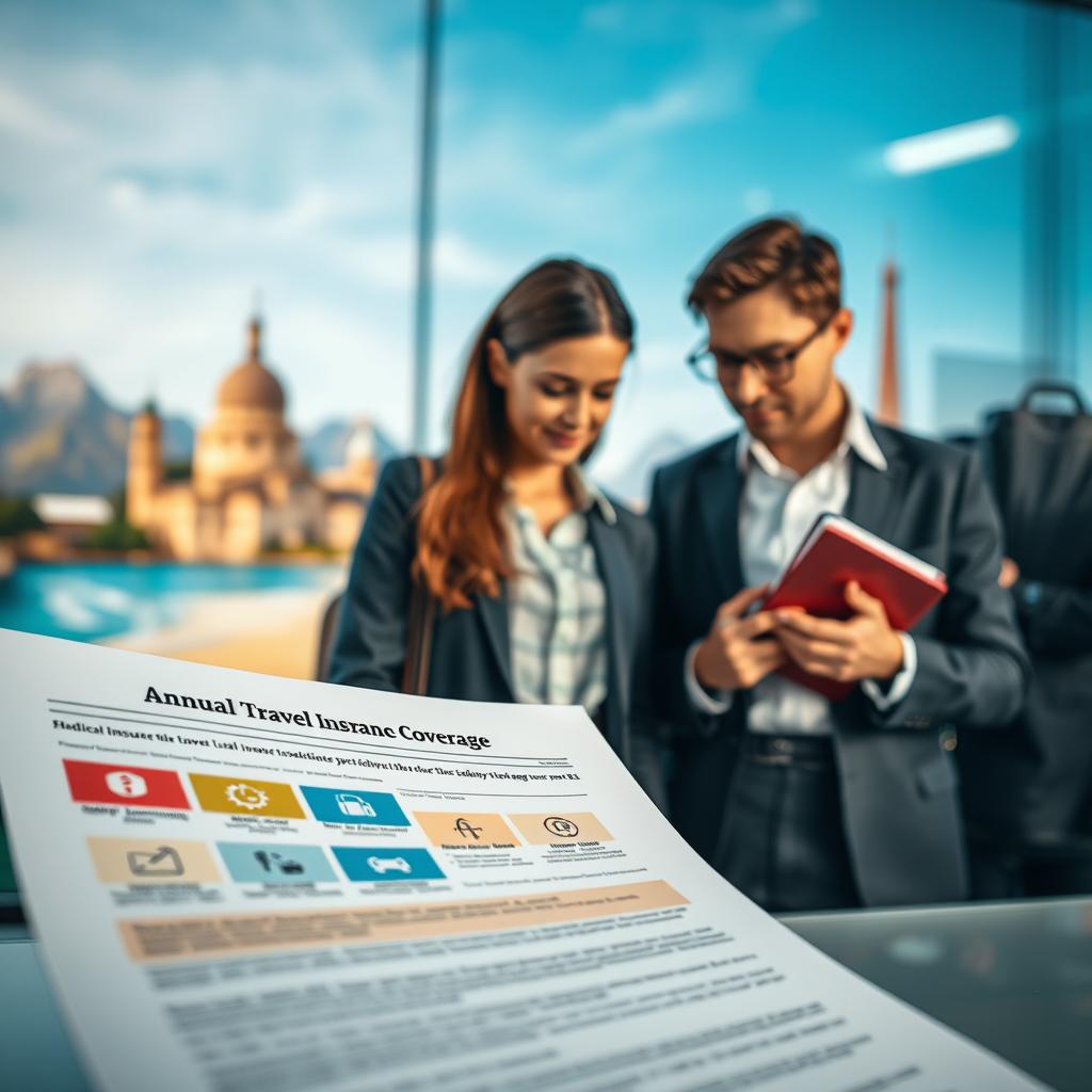 A visually striking composition showcasing various types of annual travel insurance coverage. In the foreground, a stylized travel insurance policy document with colorful icons representing key coverage types, such as medical emergencies, trip cancellations, and lost luggage. The middle ground features a diverse group of professional travelers in business attire, including a woman and a man analyzing the documents with focused expressions. In the background, a serene travel scene unfolds, with blurred images of iconic landscapes and landmarks like a beach, mountains, and historic architecture, symbolizing potential travel destinations. The lighting is soft and inviting, emphasizing a sense of security and peace of mind. The angle is slightly elevated, giving a comprehensive view of the scene while keeping the travelers at its heart. The overall atmosphere should convey professionalism, reassurance, and readiness for adventure.