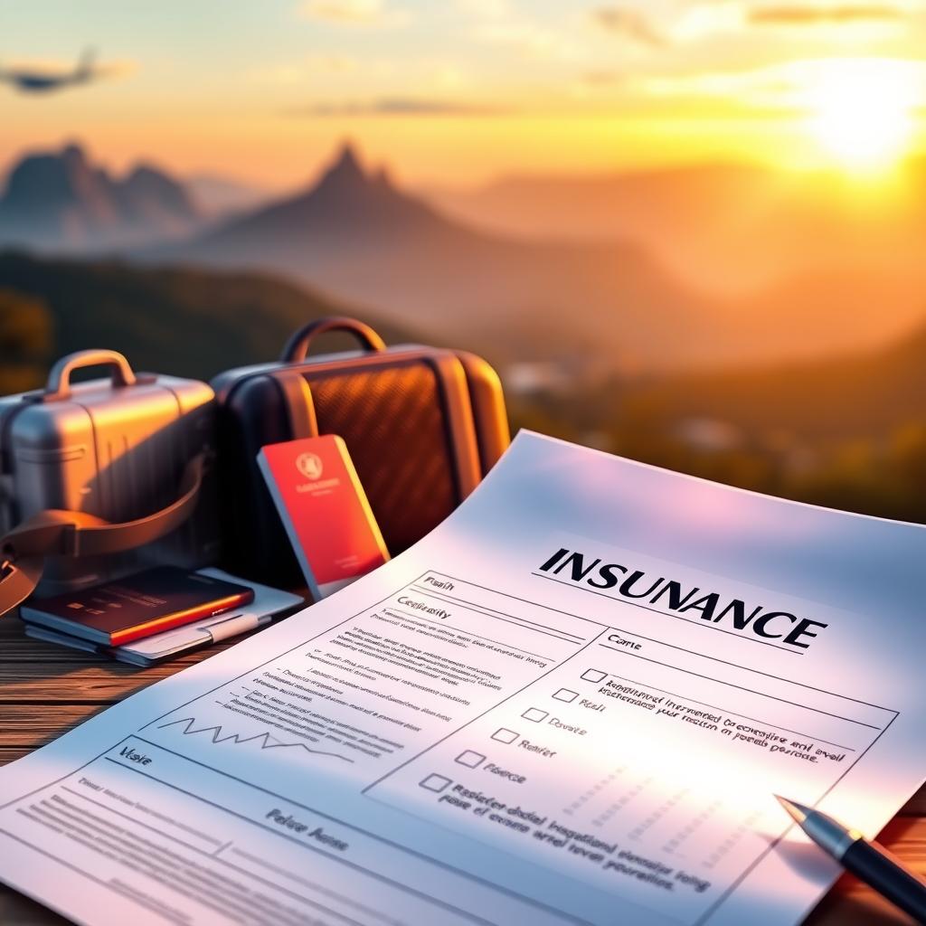 A visually striking illustration of a travel insurance policy document, prominently displayed in the foreground with a polished glow, showcasing elements like graphs, icons of destinations, and checkboxes for coverage options. In the middle ground, include travel essentials such as a suitcase, passport, and boarding pass, subtly hinting at the concept of protection while traveling. The background should feature dreamy landscapes, like a sunset over mountains or iconic landmarks, evoking a sense of adventure and wanderlust. Light should be soft and warm, simulating a pleasant evening ambiance, with a slight depth of field to emphasize the policy in the foreground. The overall mood is reassuring and optimistic, aiming to inspire travelers to consider their insurance options seriously.