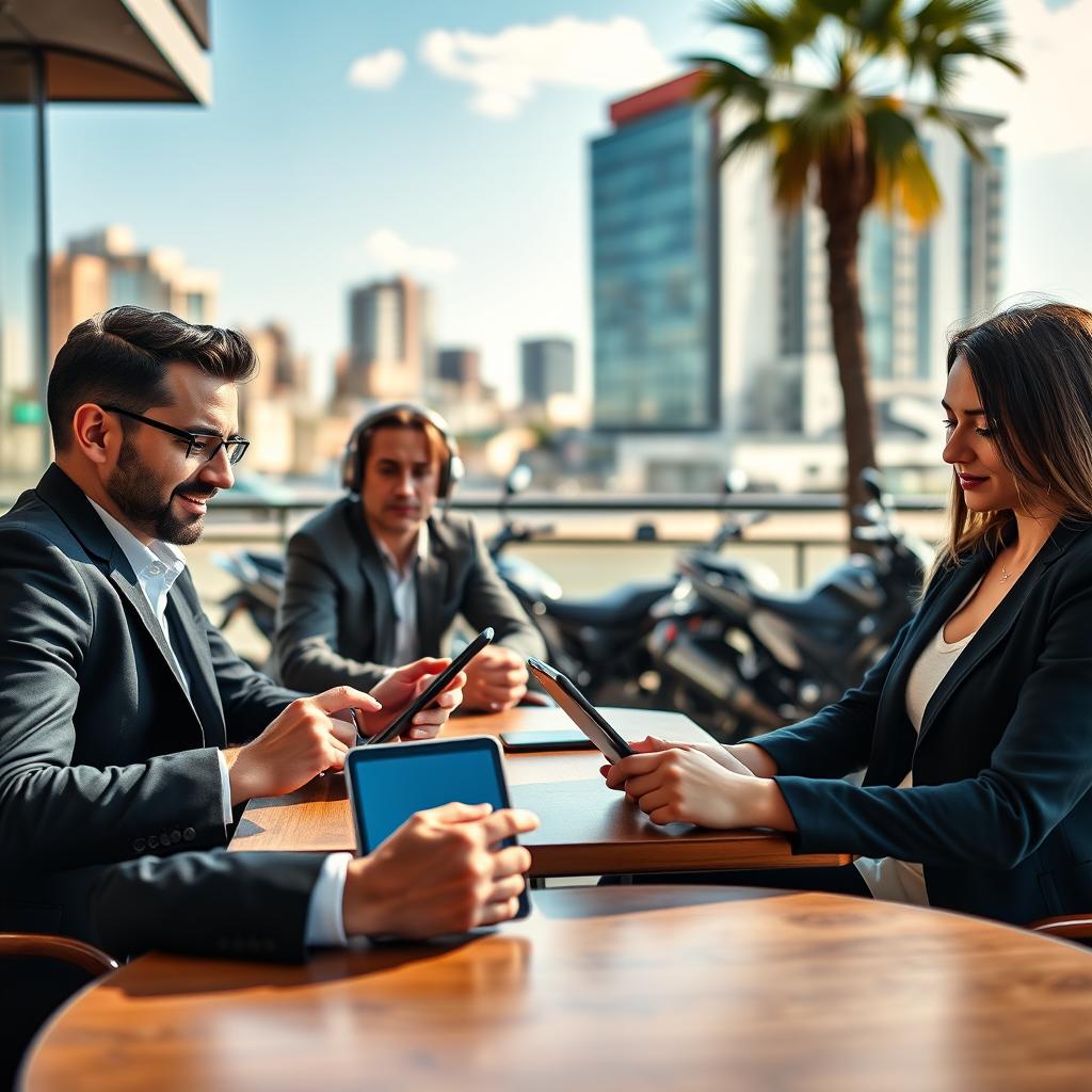 A visually striking image focusing on motorcycle insurance reviews: In the foreground, a diverse group of three individuals—two men and one woman—sitting at a stylish café table, each reviewing motorcycle insurance claims on modern tablets. They are dressed in smart casual attire, with a contemplative look on their faces, emphasizing discussion and collaboration. In the middle ground, there are partially visible motorcycles parked stylishly nearby, hinting at the spirit of riding. The background captures a vibrant cityscape with a clear blue sky, casting soft natural light that creates an inviting atmosphere. The camera angle is slightly elevated, providing a dynamic view of the group engaged in conversation, conveying a sense of trust and professionalism focused on gathering insightful user experiences. The mood is positive, encouraging prospective riders to consider informed insurance choices.