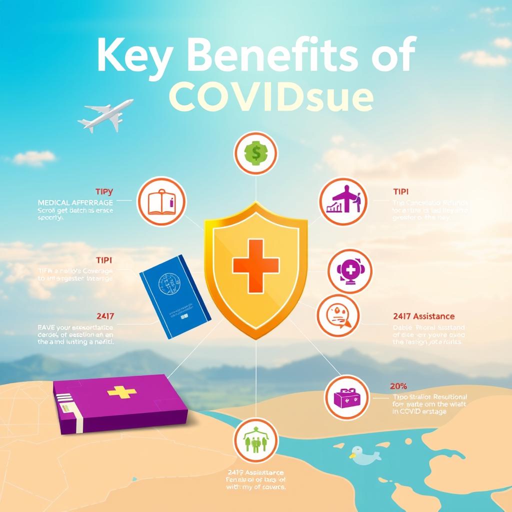 A visually striking infographic-style illustration depicting "Key Benefits of COVID Coverage" in travel insurance. In the foreground, prominently feature symbols of safety such as a shield with a cross, a passport, and a flight ticket, all arranged neatly on a travel-themed background. In the middle, incorporate colorful icons representing benefits like medical coverage, trip cancellation refunds, and 24/7 assistance, strategically aligned around the shield. In the background, create a serene travel scene, showing an airplane soaring over a picturesque landscape with subtle hints of safety, like a hospital cross or globe. The lighting should be bright and optimistic, evoking a sense of security and peace of mind in travel. The overall mood should be professional and inviting, designed to appeal to travelers seeking reassurance during their journeys.