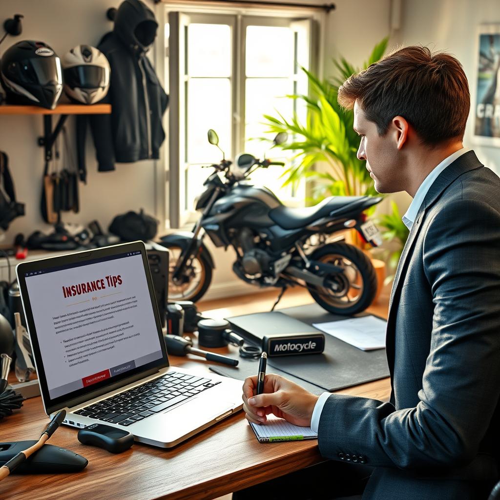 A well-organized workspace featuring a desktop with a laptop displaying motorcycle insurance tips, surrounded by an assortment of motorcycle-related items like helmets, jackets, and bike maintenance tools. In the foreground, a person in professional business attire, looking thoughtfully at the screen while jotting down notes on a notepad. The middle ground reveals an open window with soft, natural light streaming in, creating a warm and inviting atmosphere. In the background, a stylish motorcycle parked next to a vibrant green plant, suggesting a connection to the biking community. The scene captures a sense of professionalism, focus, and approachability, perfect for conveying tips on maintaining affordable motorcycle insurance.