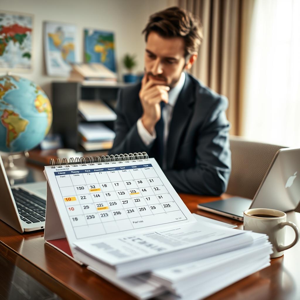 A well-organized workspace scene showcasing a travel advisor's desk, featuring a globe, travel brochures, and a laptop displaying colorful graphs. In the foreground, a thoughtful travel advisor wearing professional business attire examines a calendar with marked dates indicating the optimal timing for purchasing trip cancellation insurance. The middle ground should include a neatly arranged stack of policy documents and a cup of coffee, symbolizing planning and diligence. In the background, soft natural light streams through a window, creating a warm and inviting atmosphere that evokes confidence and security in travel planning. The camera angle should be slightly angled downward to capture the intricate details of the desk while providing a sense of immersion in the scene. The overall mood is professional yet approachable, underscoring the importance of timely insurance decisions.
