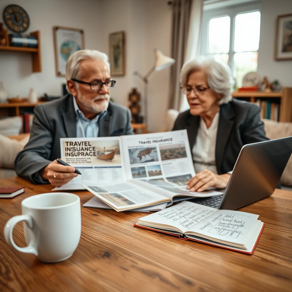 An elderly couple, dressed in smart casual attire, sit at a wooden table with travel brochures and a laptop open, displaying various travel insurance options. In the foreground, a white coffee cup and a notebook filled with handwritten notes, emphasizing their planning process. The middle ground features the couple engaging in a discussion, showcasing expressions of interest and contemplation. The background includes a cozy, warmly-lit living room with travel-themed decorations and books, reflecting their passion for exploring. Soft, natural lighting enters through a window, creating a reassuring and optimistic atmosphere, symbolizing security and peace of mind in their travel preparations. A slight depth of field focuses on the couple while gently blurring the background elements.
