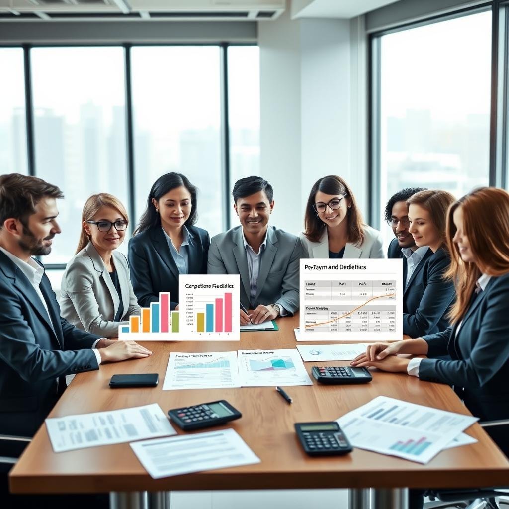 A balanced composition illustrating the concept of co-payments and deductibles in health insurance. In the foreground, a diverse group of professionals, dressed in smart business attire, are gathered around a table with financial documents and calculators. In the middle ground, there are charts and illustrations of medical bills and insurance policies depicting co-payments and deductibles clearly. The background features a modern office setting with large windows allowing soft, natural light to flow in, contributing to a focused yet informal atmosphere. The overall mood is professional and informative, emphasizing teamwork and understanding in financial matters related to health insurance. The image should capture the essence of clarity and collaboration without any text or distractions.