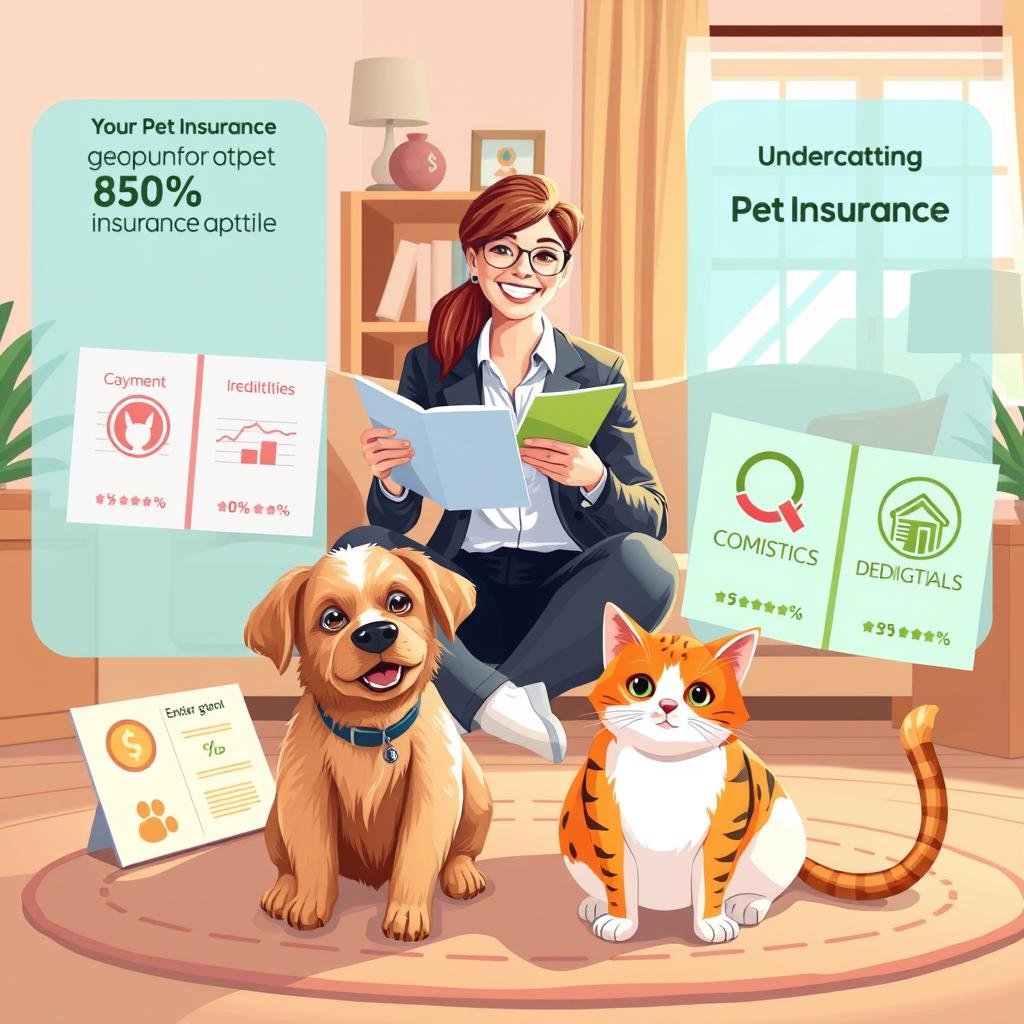 A bright and inviting illustration depicting various unique pet insurance options in a visually engaging way. In the foreground, showcase a playful medium-sized dog and a curious cat sitting on a cozy rug, surrounded by colorful pet insurance brochures displaying symbols of co-payments and deductibles, such as percentage signs and graphs. In the middle, include a pet owner, dressed in professional casual attire, thoughtfully reviewing the brochures, smiling with a look of relief. The background features a warm, homely living room setting, with soft lighting illuminating the scene through a window, casting gentle shadows. The overall atmosphere is friendly and informative, emphasizing the importance of understanding pet insurance for every loving pet owner.