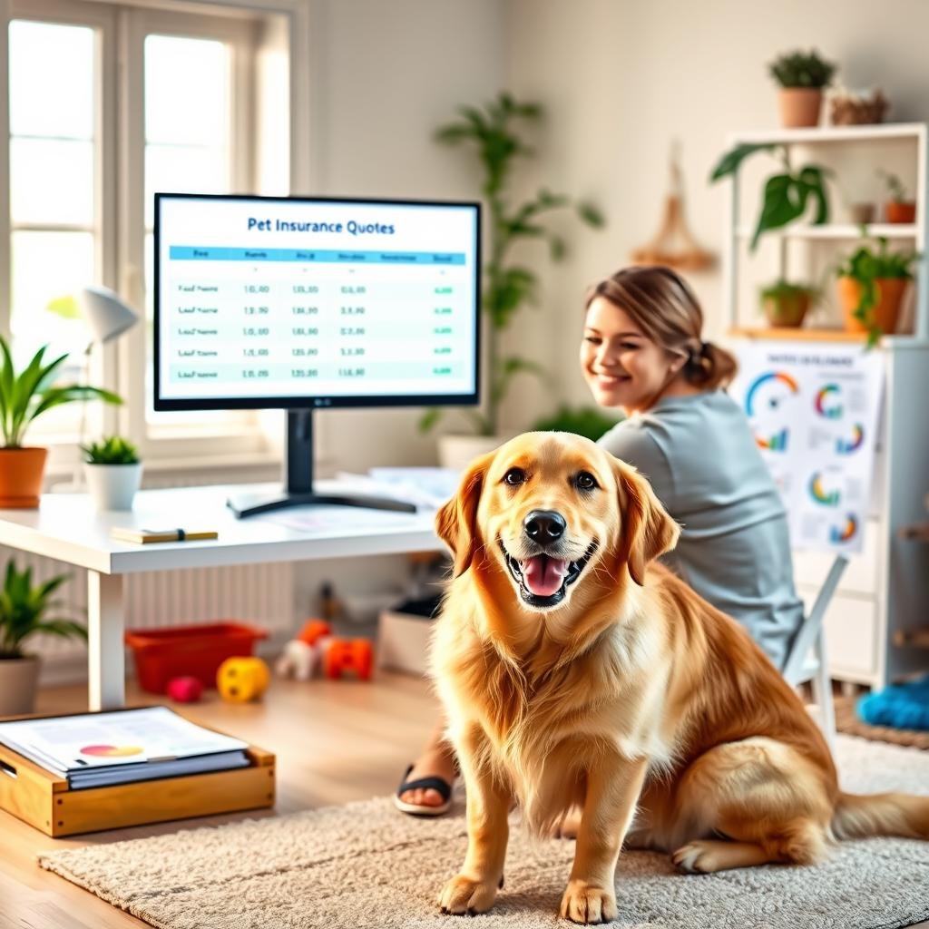 A bright and inviting workspace showcasing a computer screen displaying affordable pet insurance quotes. In the foreground, a cheerful, friendly golden retriever sits with its owner, a person in smart casual clothing, engaged in reviewing insurance options. In the middle ground, a neatly organized desk holds colorful charts and documents featuring various insurance plans. The background features a warm, cozy room with soft lighting, potted plants, and pet toys, creating a comforting atmosphere that emphasizes the importance of financial assistance for pet care. The overall mood is one of optimism and security, highlighting the value of protecting one's furry friend with accessible insurance options.