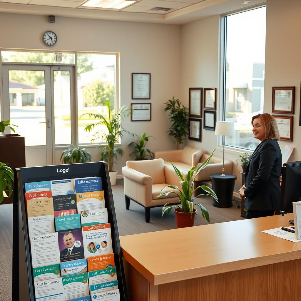 A bright and welcoming local life insurance agency interior, featuring an organized front desk with a friendly agent in professional business attire assisting clients. In the foreground, a well-designed brochure stand filled with colorful policy information. In the middle, a comfortable waiting area with soft seating, plants, and framed certificates on the wall. In the background, a window showing a view of a neighborhood street, with warm natural lighting pouring in, creating a serene and trustworthy atmosphere. The overall mood is friendly and professional, reflecting the essence of reliable life insurance services. The image should be framed from an angle that captures both the client-agent interaction and the inviting atmosphere of the agency.