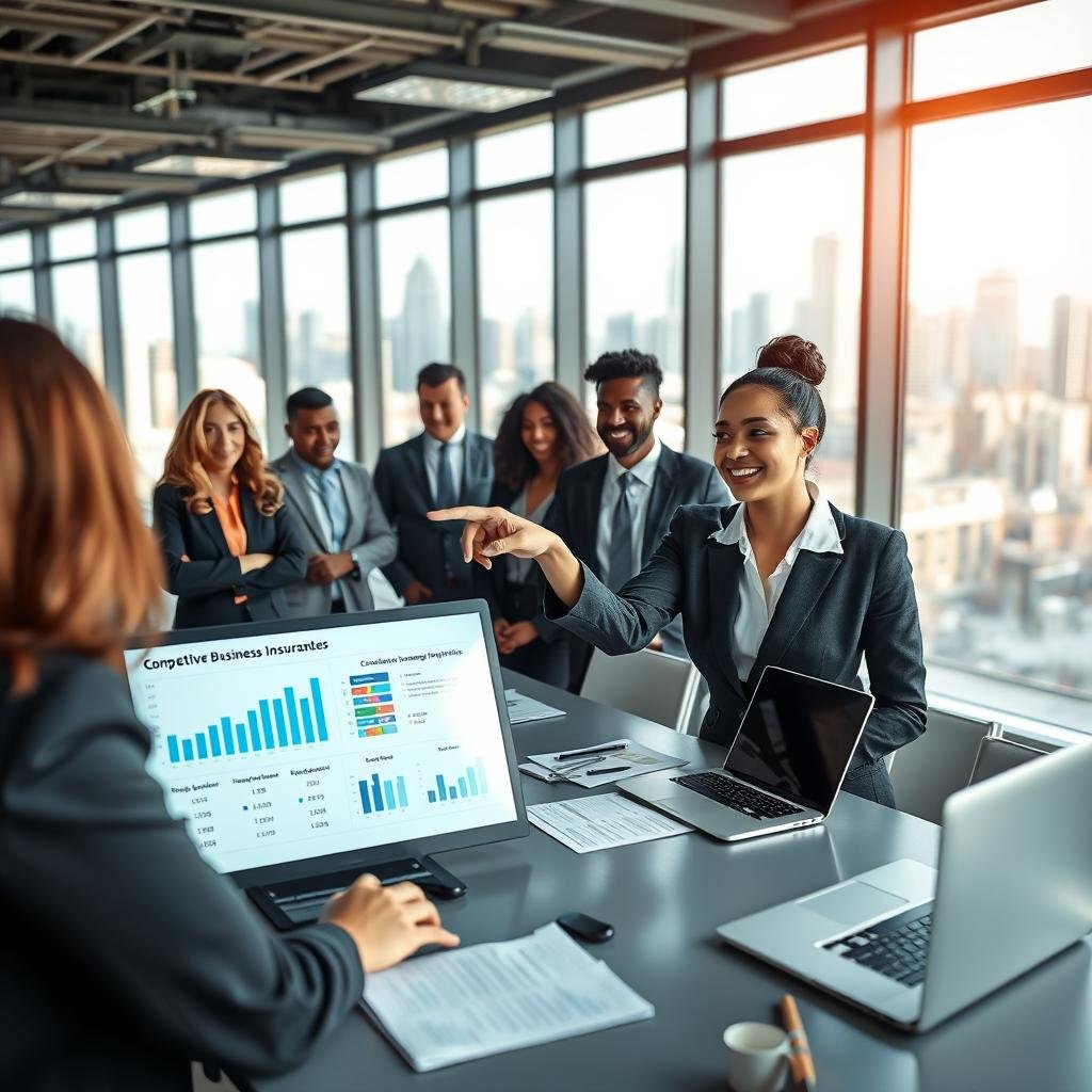 A bustling office environment showcasing a professional business meeting, where a group of diverse business professionals in smart attire are discussing competitive business insurance rates. In the foreground, a confident woman points to a digital screen displaying graphs and statistics related to insurance coverage options. The middle ground features a sleek conference table with laptops, charts, and notepads organized neatly. In the background, large windows reveal a vibrant city skyline, indicating a modern urban setting. Soft, natural lighting filters through the windows, creating an atmosphere of focus and collaboration. The overall mood is optimistic and proactive, emphasizing teamwork and dedication to finding the best coverage. The image should have sharp details and a balanced composition, captured with a wide-angle lens to invite viewers into the scene.