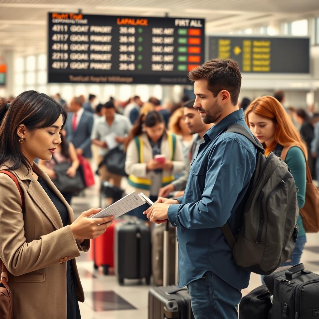 A busy airport scene illustrating the concept of emergency medical coverage, featuring a diverse group of travelers. In the foreground, a professional-looking woman in business attire is examining a travel insurance policy on her smartphone, while beside her, a concerned family discusses in compact huddles. In the middle ground, an emergency medical technician (EMT) is preparing a first aid kit, surrounded by travel bags and luggage. The background showcases a bustling airport terminal with travelers moving in various directions and a large departure board displaying flight information. The lighting is bright and natural, simulating daylight coming from large windows, casting soft shadows and creating a sense of urgency. The atmosphere is focused yet filled with an underlying tension, emphasizing the importance of being prepared for medical emergencies while traveling.