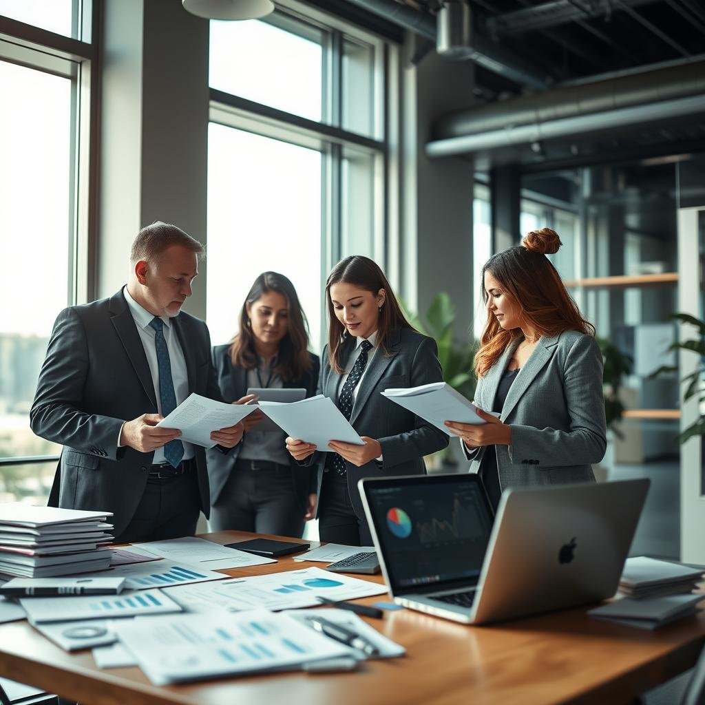 A busy insurance office scene, capturing the role of insurance agents and brokers in securing affordable commercial insurance options. In the foreground, a diverse group of three professionals in smart business attire engages in discussion, examining documents and laptops. The middle ground features a desk cluttered with file folders, charts, and a laptop displaying graphs related to insurance policies. In the background, large windows allow natural light to filter in, illuminating the busy atmosphere with a sense of professionalism and teamwork. The mood is collaborative and focused, showcasing the importance of agents and brokers in navigating insurance solutions. The image is taken from a slightly elevated angle to provide a comprehensive view of the workspace dynamics.