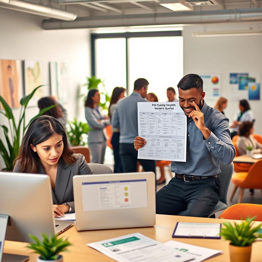 A busy office environment depicting a diverse group of professionals engaged in finding health insurance quotes. In the foreground, a woman in professional attire is seated at a desk, intently reviewing a laptop screen filled with insurance options. Beside her, a man dressed in a business shirt gestures toward a chart filled with health insurance information. In the middle ground, a large window lets in warm, natural light, illuminating a modern office space with plants and health-related posters on the walls. The background features bright, contemporary furnishings and colleagues collaborating in small groups, fostering a sense of teamwork. The mood is focused and proactive, reflecting an atmosphere of support and guidance in navigating special enrollment periods for health insurance.