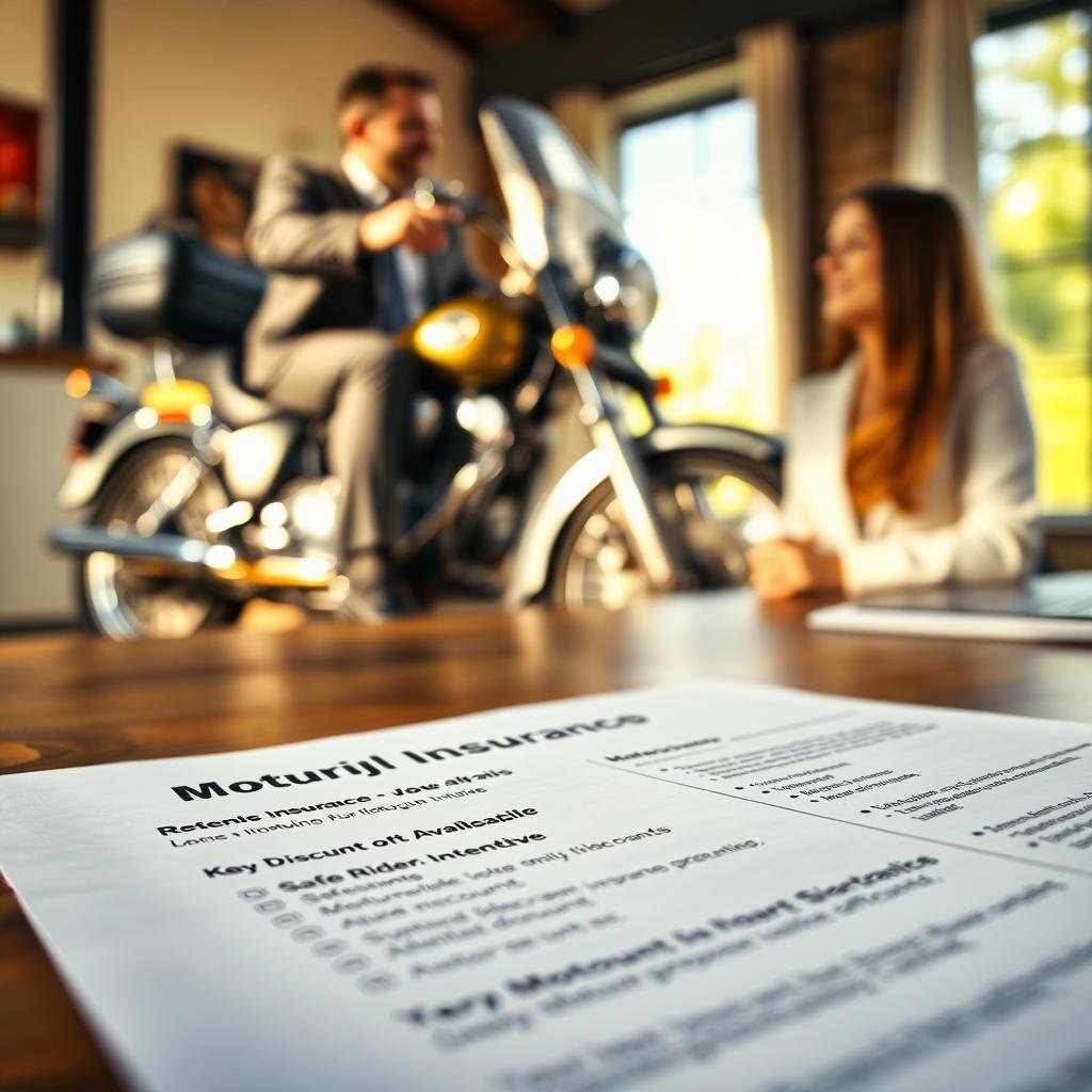 A close-up of a motorcycle insurance policy document laid out on a wooden desk, with a vintage motorcycle parked in the background. The policy details, highlighted with a soft glow, showcase key discounts available, like safe rider incentives and multi-bike discounts. In the foreground, a friendly insurance agent in smart casual attire is pointing out the benefits to an interested customer, who looks engaged and hopeful. Sunlight filters through a nearby window, creating a warm and inviting atmosphere. The scene conveys trust and professionalism, with focus on affordability and customer service in the realm of motorcycle insurance. The lens perspective is slightly tilted, giving a dynamic, relatable feel to the composition. A close-up of a motorcycle insurance policy document laid out on a wooden desk, with a vintage motorcycle parked in the background. The policy details, highlighted with a soft glow, showcase key discounts available, like safe rider incentives and multi-bike discounts. In the foreground, a friendly insurance agent in smart casual attire is pointing out the benefits to an interested customer, who looks engaged and hopeful. Sunlight filters through a nearby window, creating a warm and inviting atmosphere. The scene conveys trust and professionalism, with focus on affordability and customer service in the realm of motorcycle insurance. The lens perspective is slightly tilted, giving a dynamic, relatable feel to the composition.