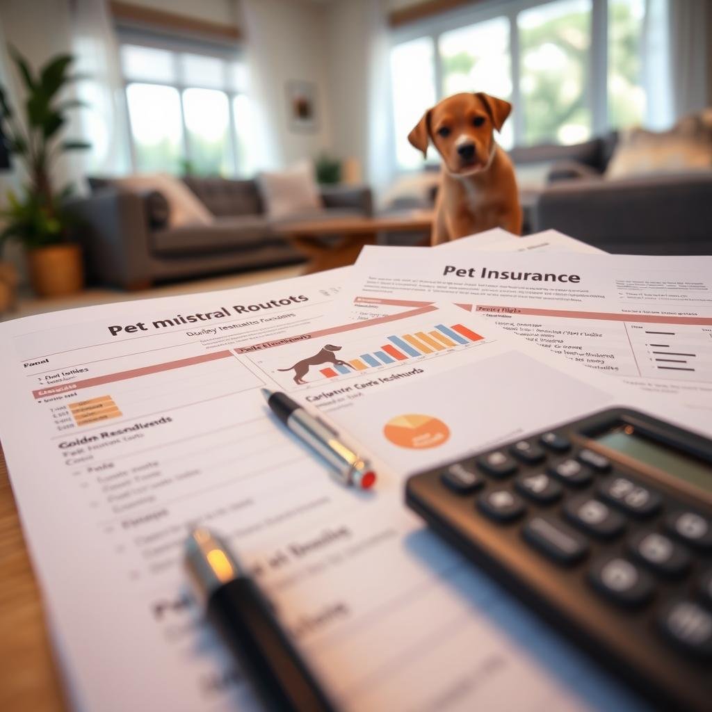 A close-up of a stack of documents featuring detailed pet insurance quotes, specifically tailored for various dog breeds like Bulldogs, Golden Retrievers, and Dachshunds. In the foreground, a calculator and a pen rest on top of the documents, indicating analysis. The middle ground shows graphs and charts symbolizing breed-specific health risks and costs. In the background, a cozy and bright living room is visible, with a playful puppy peeking around the corner, adding warmth to the scene. The lighting is soft and inviting, capturing a mood of care and responsibility. The camera angle is slightly overhead, creating a sense of personal engagement with the subject matter.