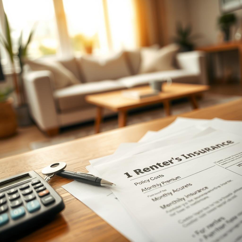 A close-up of a table showcasing a selection of renter's insurance policy documents, alongside a calculator displaying numbers that indicate monthly premium costs. In the foreground, neatly organized paperwork lies next to a pen and an affordable apartment key, symbolizing security. The middle ground includes a blurred background with a cozy, well-lit living room setting, featuring furniture and decorative elements that depict a rented space, such as a sofa and houseplants. Natural light filters in through a window, creating a warm and inviting atmosphere. The overall mood is reassuring and informative, conveying the significance of understanding renter's insurance costs. The composition is shot at a slight angle to emphasize depth and detail, with soft focus elements enhancing the professionalism of the visual.