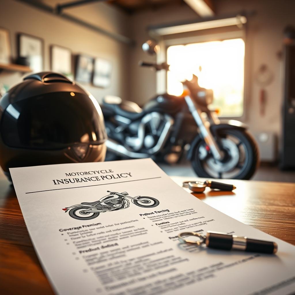 A close-up view of a motorcycle insurance policy document, prominently displayed on a wooden desk. The foreground features the document with a detailed motorcycle illustration in the header, highlighting key terms like "Coverage," "Premium," and "Deductible" in an elegant font. In the middle ground, a stylish motorcycle helmet and a sleek keychain are placed next to the document, emphasizing safety and preparedness. The background is softly blurred, showcasing a motorcycle parked in a garage with warm lighting, creating an inviting and professional atmosphere. The overall mood is informative and reassuring, inviting the viewer to explore the essentials of motorcycle insurance. The scene is well-lit with natural light from a nearby window, casting gentle shadows and enhancing the details.