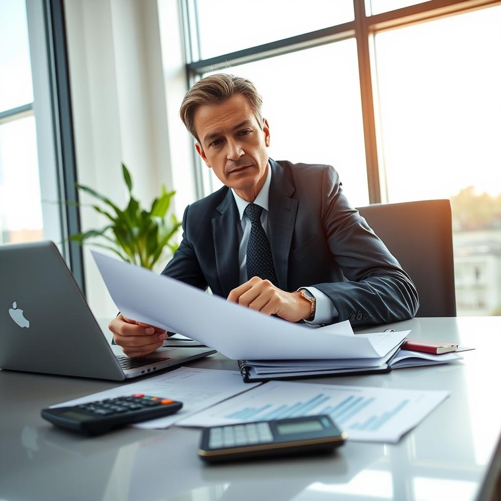 A close-up view of a professional financial advisor reviewing an auto insurance policy, seated at a sleek modern desk cluttered with documents, a calculator, and a laptop displaying graphs of coverage costs and benefits. The advisor, a middle-aged person in smart business attire, looks contemplative as they analyze the information. In the background, a large window reveals a sunny day outdoors, creating a bright and optimistic atmosphere. Soft, diffused lighting highlights the advisor's focused expression and the details on the desk. The image captures the intersection of financial decision-making and automotive safety, emphasizing the importance of finding the right coverage plan. The angle is slightly elevated, providing a clear perspective of the desk and the advisor's engagement with the documents. A close-up view of a professional financial advisor reviewing an auto insurance policy, seated at a sleek modern desk cluttered with documents, a calculator, and a laptop displaying graphs of coverage costs and benefits. The advisor, a middle-aged person in smart business attire, looks contemplative as they analyze the information. In the background, a large window reveals a sunny day outdoors, creating a bright and optimistic atmosphere. Soft, diffused lighting highlights the advisor's focused expression and the details on the desk. The image captures the intersection of financial decision-making and automotive safety, emphasizing the importance of finding the right coverage plan. The angle is slightly elevated, providing a clear perspective of the desk and the advisor's engagement with the documents.