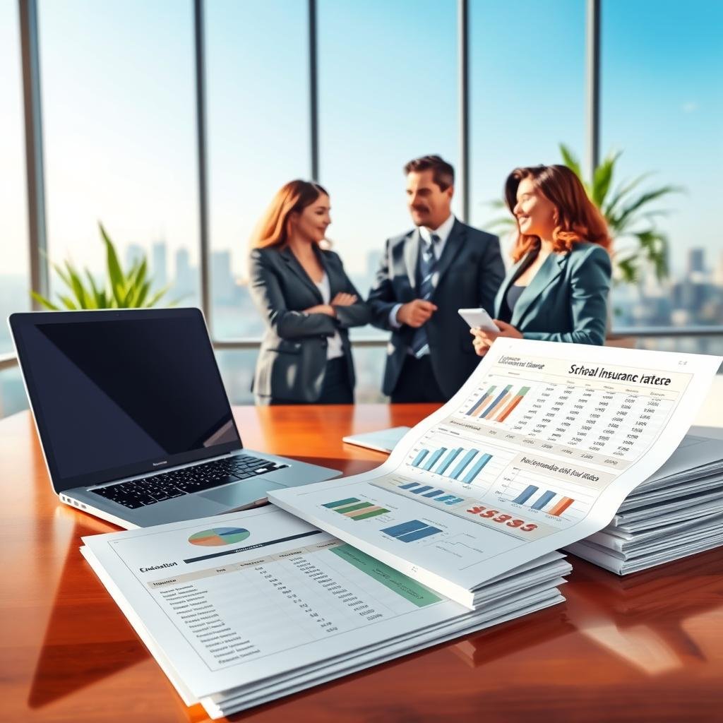 A conceptual illustration depicting "cost factors of umbrella insurance." In the foreground, a polished wooden desk with a laptop open to a financial spreadsheet, surrounded by neatly stacked paperwork showcasing graphs and calculations related to insurance rates. In the middle, a diverse group of three professionals—two men and one woman—discussing passionately, dressed in smart business attire. In the background, a serene office environment with subtle green plants, a large window revealing a clear blue sky, and the faint outline of a city skyline. The lighting is soft and natural, emphasizing a productive, focused atmosphere. The image conveys a sense of professionalism, clarity, and financial awareness.
