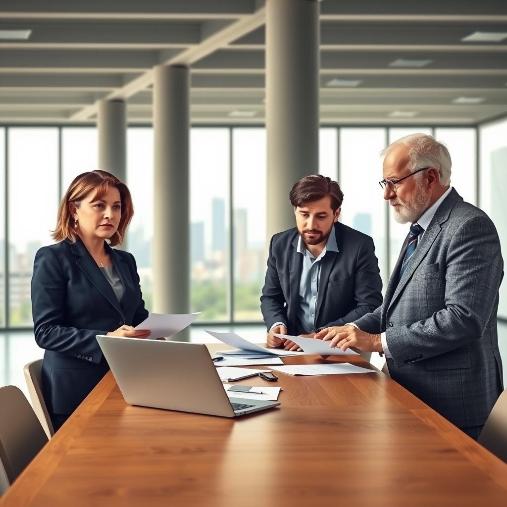A conceptual illustration showcasing a term life insurance policy. In the foreground, a diverse group of three professionals - a middle-aged woman in a tailored navy suit, a young man in a smart button-up shirt, and an older gentleman in a grey blazer - are engaged in a serious discussion around a wooden table covered with documents and a laptop. In the middle, the columns of a minimalist office space with natural light pouring in from large windows, subtly illuminating their focused expressions. In the background, a city skyline is visible, symbolizing financial security and future planning. The mood is serious yet optimistic, emphasizing the importance of maintaining life insurance policies for financial well-being. Soft focus on the background adds depth.
