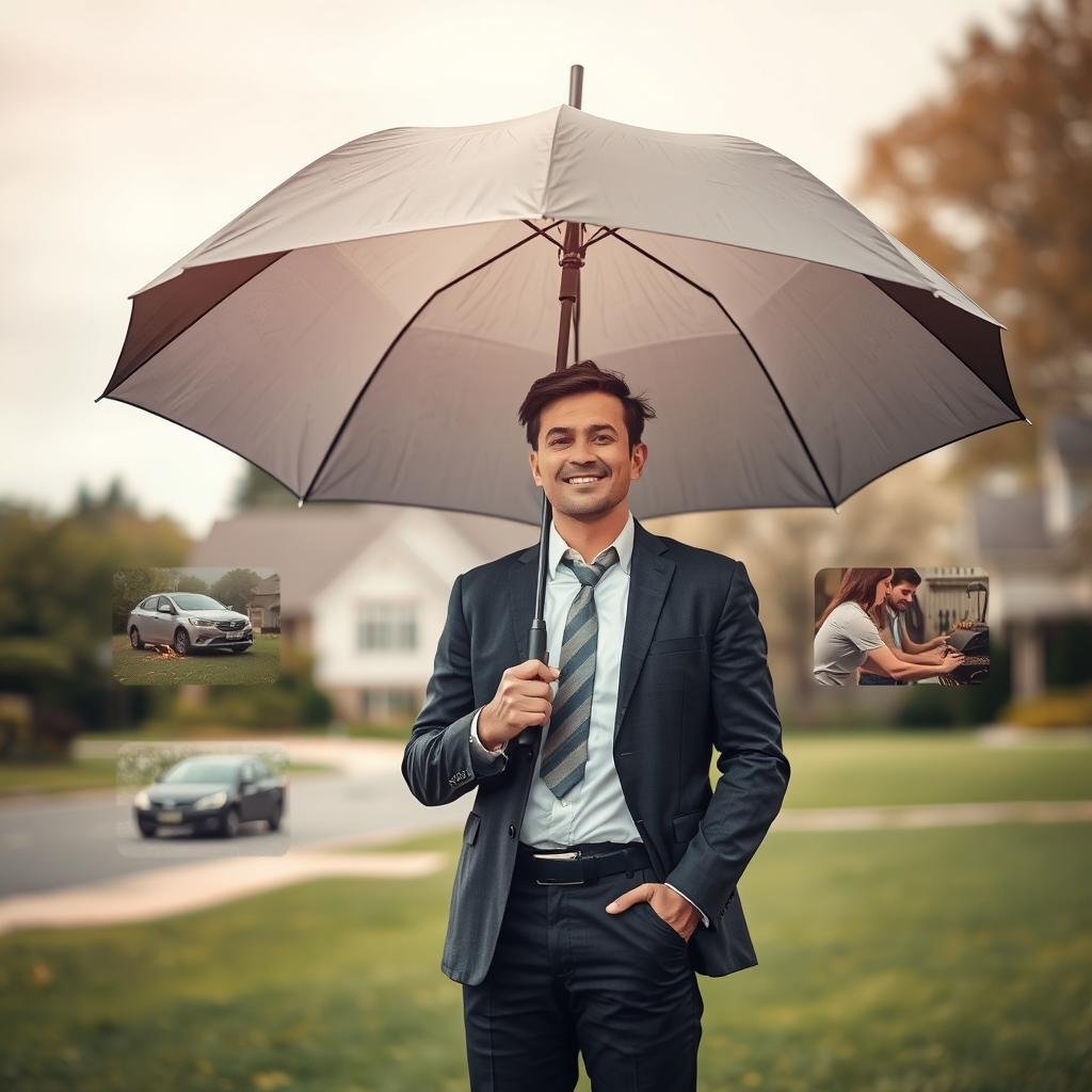 A conceptual image illustrating the importance of personal umbrella insurance coverage. In the foreground, a professional-looking person in business attire stands confidently, holding a large umbrella that symbolizes protection. The middle ground shows various life scenarios—such as a car accident, a backyard injury during a barbecue, and a lawsuit scene—each subtly depicted under the canopy of the umbrella, conveying a sense of security. The background features a serene suburban setting with houses and trees, evoking stability and community. Soft, warm lighting enhances the mood, while a slight lens blur focuses attention on the umbrella and the individual. The atmosphere is reassuring, emphasizing safety and preparedness in everyday life.