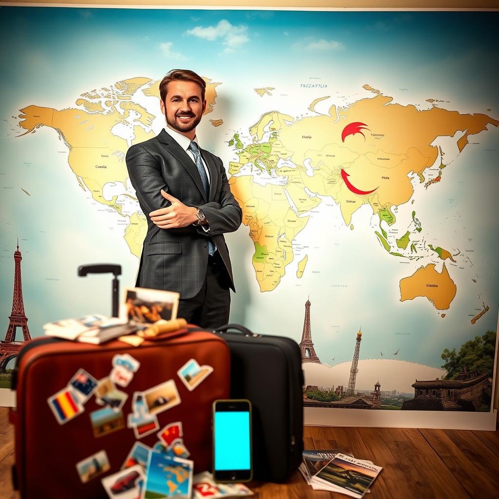 A confident and professional travel insurance agent standing beside a large world map, showcasing various travel destinations. In the foreground, the agent, dressed in smart business attire, gestures towards separate islands depicting different types of trips, like adventure, relaxation, and business travel. The middle ground features items associated with travel: a suitcase with stickers from various countries, a smartphone displaying travel apps, and travel brochures. In the background, a soft-focus image of famous landmarks such as the Eiffel Tower and the Great Wall of China creates a sense of wanderlust. The lighting is warm and inviting, suggesting a positive, worry-free atmosphere, captured from a slight low angle to enhance the feeling of aspiration and inclusivity in global travel. A confident and professional travel insurance agent standing beside a large world map, showcasing various travel destinations. In the foreground, the agent, dressed in smart business attire, gestures towards separate islands depicting different types of trips, like adventure, relaxation, and business travel. The middle ground features items associated with travel: a suitcase with stickers from various countries, a smartphone displaying travel apps, and travel brochures. In the background, a soft-focus image of famous landmarks such as the Eiffel Tower and the Great Wall of China creates a sense of wanderlust. The lighting is warm and inviting, suggesting a positive, worry-free atmosphere, captured from a slight low angle to enhance the feeling of aspiration and inclusivity in global travel.