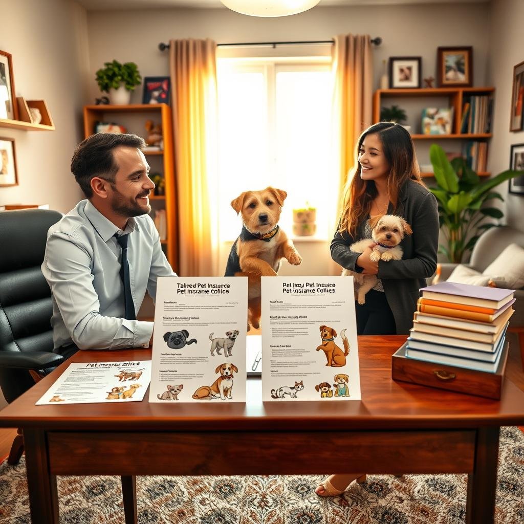 A cozy and inviting office space, featuring a stylish wooden desk with a neatly organized display of tailored pet insurance policies, vivid illustrations of various pets—dogs, cats, and exotic animals—surrounding the documents. In the foreground, a friendly-looking pet insurance advisor in professional attire discusses coverage options with a pet owner, who holds a small, curious dog. In the middle, a soft light filters through a window, casting warm shadows and highlighting the textures of the office furnishings, like a plush rug and a houseplant. The background includes shelves filled with pet care books and framed pet photos. The overall mood is professional yet friendly, emphasizing trust and personalized service in pet insurance.