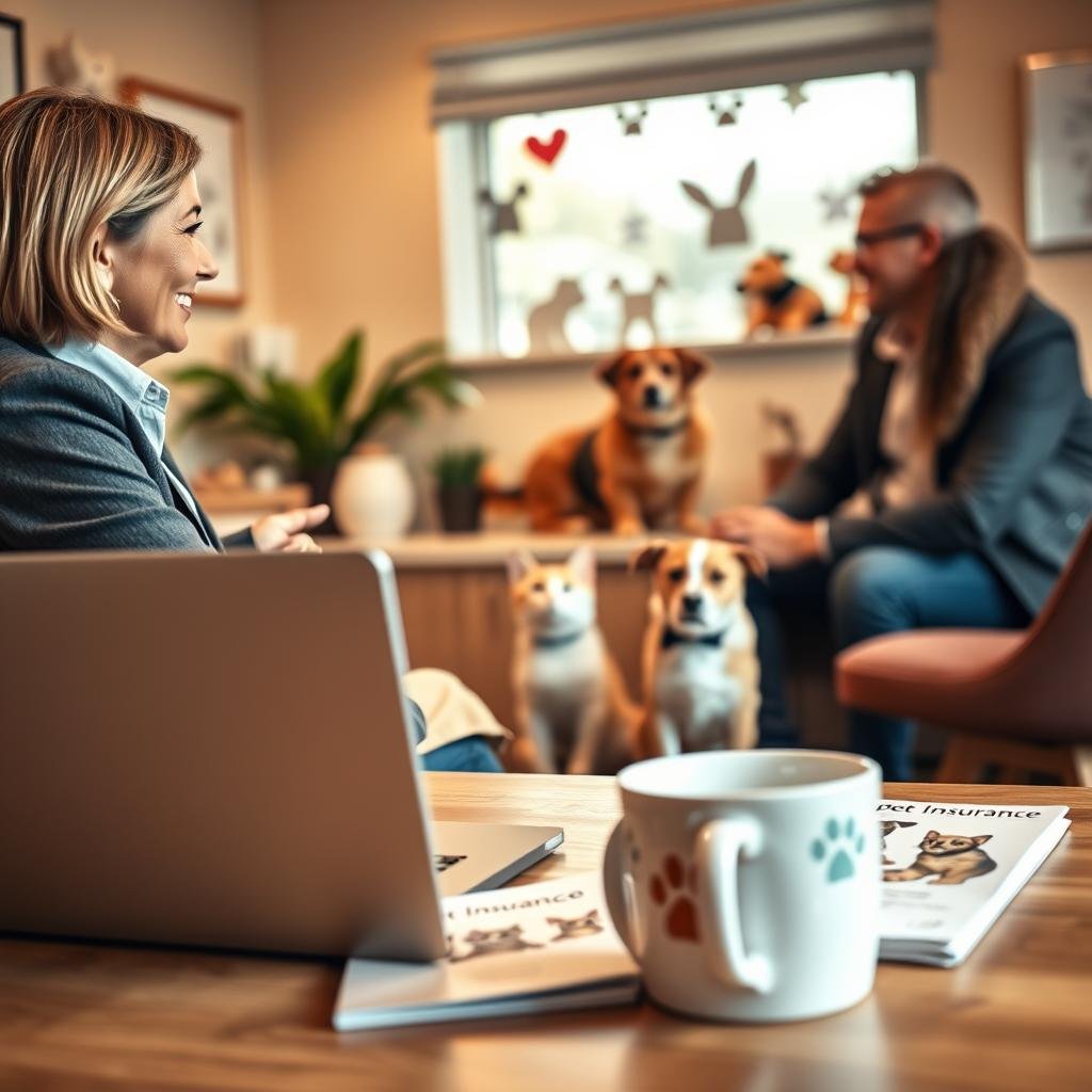 A cozy and inviting pet insurance agency office setting, featuring a friendly, professional agent in smart casual clothing, discussing options with a couple sitting across the desk. In the foreground, there's a laptop with pet insurance brochures and a coffee mug with a paw print design. The middle ground showcases a cheerful cat and a playful dog in the background, symbolizing the pets that the agency protects. The office is warmly lit, with soft natural light filtering through a window adorned with pet-themed decorations. The overall mood is warm, welcoming, and informative, reflecting trust and care in pet insurance. Captured with a slight depth of field to emphasize the interaction while softly blurring the surroundings.