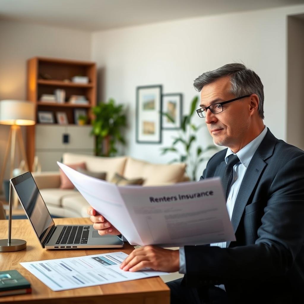A cozy apartment interior showcasing a well-organized living space, illuminated by soft, natural lighting filtering through a nearby window. In the foreground, a middle-aged professional man in business attire is sitting at a table, reviewing a renters insurance document with a look of concentration. On the table, there's a laptop displaying insurance statistics, and a few personal belongings like a stylish lamp and framed photos can be seen. The middle ground features a clean, inviting living area with a couch and a bookshelf. In the background, a potted plant adds a touch of life to the scene. The atmosphere is calm and reassuring, symbolizing the trust and security of having renters insurance in place.