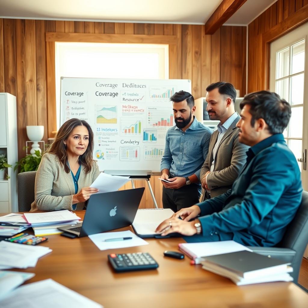 A cozy home office setting with a diverse group of four professionals, one woman and three men, engaged in a discussion about home insurance policies. In the foreground, a wooden desk is cluttered with papers, a laptop, and a calculator. The middle ground features a whiteboard filled with colorful charts and keywords like "coverage," "deductibles," and "resources." In the background, a bright window lets in natural light, illuminating the room. The professionals wear smart casual clothing, with focused expressions as they collaborate, creating a productive atmosphere. Use soft, diffused lighting to enhance the warmth and clarity, with a slightly angled perspective to add depth to the scene.