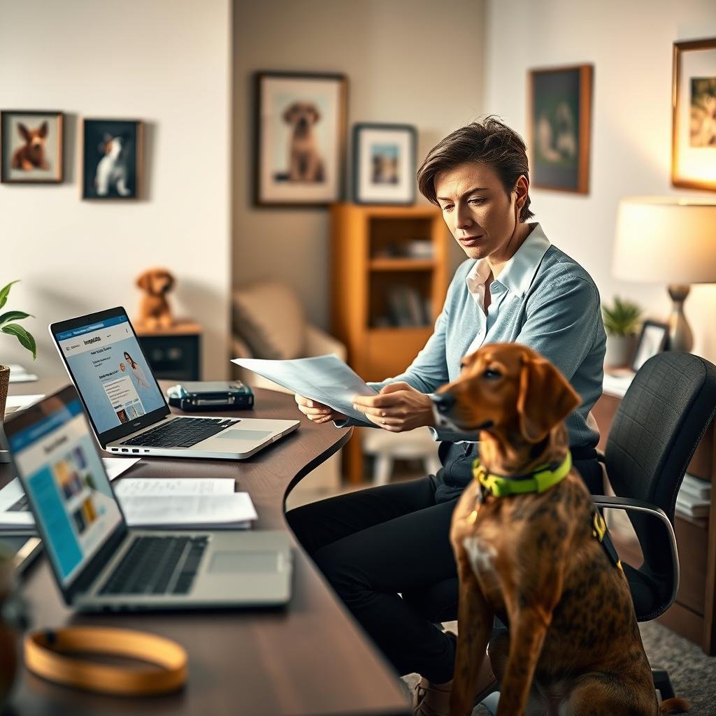 A cozy indoor setting depicting a professional yet friendly atmosphere to illustrate pet insurance claims. In the foreground, a well-dressed person in business casual attire sits at a desk, thoughtfully reviewing paperwork with a dog sitting patiently beside them. The middle ground includes a laptop displaying a pet insurance website and a clutter-free workspace organized with files and pet-related items like a leash and toy. In the background, a warm, softly lit room with framed pictures of various pets on the walls. The scene is illuminated by gentle, natural lighting, creating an inviting and informative mood. The camera angle is slightly above eye level, providing a clear view of the desk and the person’s focused expression.