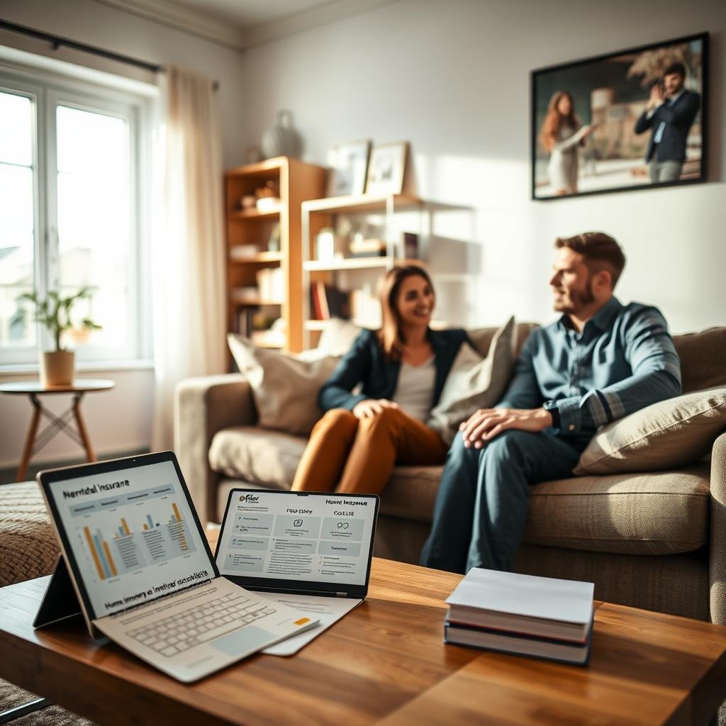 A cozy, inviting living room scene that emphasizes the concept of affordable rental insurance. In the foreground, a young professional couple is seen discussing insurance options while seated on a comfortable couch, both dressed in smart casual attire. On a coffee table, there's a laptop displaying charts and information about rental insurance, along with a home inventory checklist. The middle ground features shelves filled with books and decorative items, suggesting a personal touch to their living space. In the background, a bright window lets in natural light, creating a warm and optimistic atmosphere. The overall mood conveys practicality and reassurance, with soft, inviting lighting to enhance the sense of safety and comfort in their home.