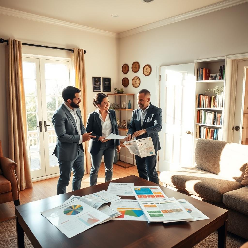 A cozy living room featuring a large, open window with sunlight pouring in, casting warm light across a well-furnished space. In the foreground, a modern coffee table holds various documents, including colorful comparative charts and policy overviews, symbolizing different home insurance policies. In the middle, a diverse group of three professionals—two men and one woman—dressed in smart casual attire, are engaged in a thoughtful discussion, pointing at the documents and gesturing to emphasize key points. The background shows a well-decorated wall with home insurance award plaques and a bookshelf filled with related literature. The atmosphere is collaborative and engaging, with bright and inviting colors, highlighting the importance of understanding home insurance coverage. Capture this scene with a warm, inviting tone and a slight overhead angle.