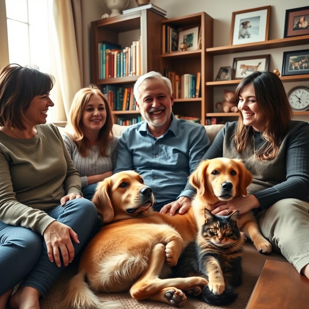 A cozy living room scene showcasing a diverse group of pet owners—two women and a man—sitting together with their pets, including a golden retriever and a cat, all looking content. The owners are dressed in casual but neat attire, sharing stories about their experiences with pet insurance providers. In the background, a bookshelf filled with pet care books and framed pictures of their pets adds depth. Soft, warm lighting filters through a nearby window, creating a welcoming and friendly atmosphere. The angle captures the intimacy of their discussion, highlighting the pets lounging comfortably around them, showcasing the bond between the owners and their furry companions. A cozy living room scene showcasing a diverse group of pet owners—two women and a man—sitting together with their pets, including a golden retriever and a cat, all looking content. The owners are dressed in casual but neat attire, sharing stories about their experiences with pet insurance providers. In the background, a bookshelf filled with pet care books and framed pictures of their pets adds depth. Soft, warm lighting filters through a nearby window, creating a welcoming and friendly atmosphere. The angle captures the intimacy of their discussion, highlighting the pets lounging comfortably around them, showcasing the bond between the owners and their furry companions.