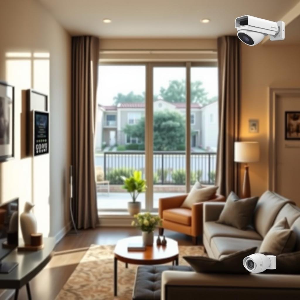 A cozy, modern apartment interior showcasing security features designed to enhance renter's coverage discounts. In the foreground, a well-lit living room with a stylish couch and coffee table, featuring a sleek security system panel mounted on the wall. In the middle, a large window reveals a serene view of a gated community outside, emphasizing the safety aspects. The walls are adorned with framed artwork and a potted plant adds a touch of nature. The background captures the essence of a secure home, with visible door locks, window sensors, and a security camera discreetly placed in the corner. The lighting is warm, creating an inviting atmosphere, with a focus on achieving a professional yet relaxed ambiance, taken from a slightly elevated angle to provide depth. A cozy, modern apartment interior showcasing security features designed to enhance renter's coverage discounts. In the foreground, a well-lit living room with a stylish couch and coffee table, featuring a sleek security system panel mounted on the wall. In the middle, a large window reveals a serene view of a gated community outside, emphasizing the safety aspects. The walls are adorned with framed artwork and a potted plant adds a touch of nature. The background captures the essence of a secure home, with visible door locks, window sensors, and a security camera discreetly placed in the corner. The lighting is warm, creating an inviting atmosphere, with a focus on achieving a professional yet relaxed ambiance, taken from a slightly elevated angle to provide depth.