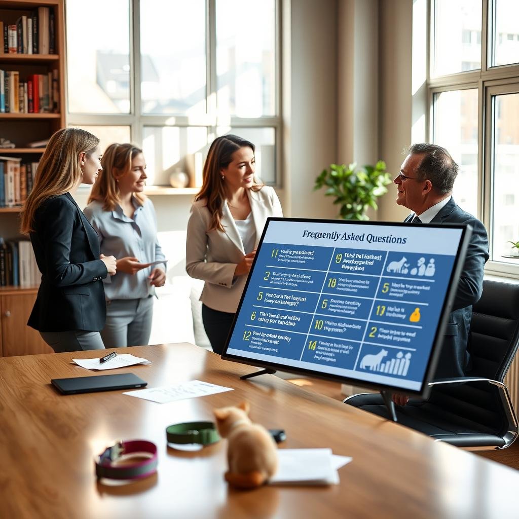 A cozy, modern office setting with a sleek desk displaying a large digital screen depicting an infographic of frequently asked questions about pet insurance. In the foreground, a diverse group of three professionals casually discussing the topic, two women and one man, dressed in smart casual attire. On the desk, there are pet-related items like a dog collar, cat toy, and paperwork. Natural light streams in from a nearby window, casting soft shadows and enhancing the inviting atmosphere. The background features shelves filled with books about pets and insurance, creating a warm and informative environment. The perspective is slightly angled to capture the interaction and the informative screen clearly, conveying a sense of friendly discussion and professionalism.