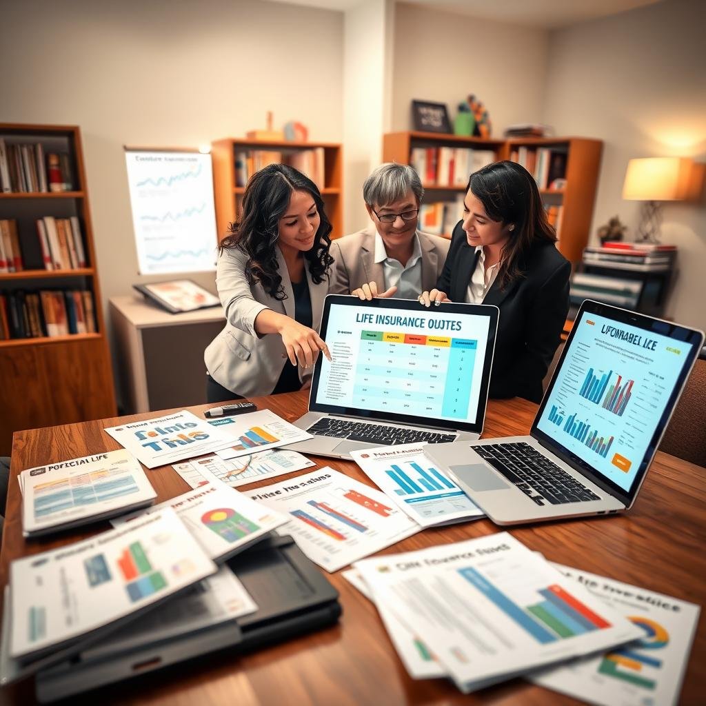 A cozy office environment with a warm and inviting atmosphere, featuring a wooden desk covered with various life insurance brochures and comparison charts. In the foreground, a diverse group of three professionals in business attire engaged in discussion, pointing at a laptop screen displaying affordable life insurance quotes. In the middle, there are colorful charts and graphs illustrating policy options. The background includes a bookshelf with financial literature and soft lighting from a nearby window creating a bright and productive ambiance. The image conveys a sense of teamwork and informed decision-making, emphasizing clarity and accessibility in choosing the right life insurance policy.