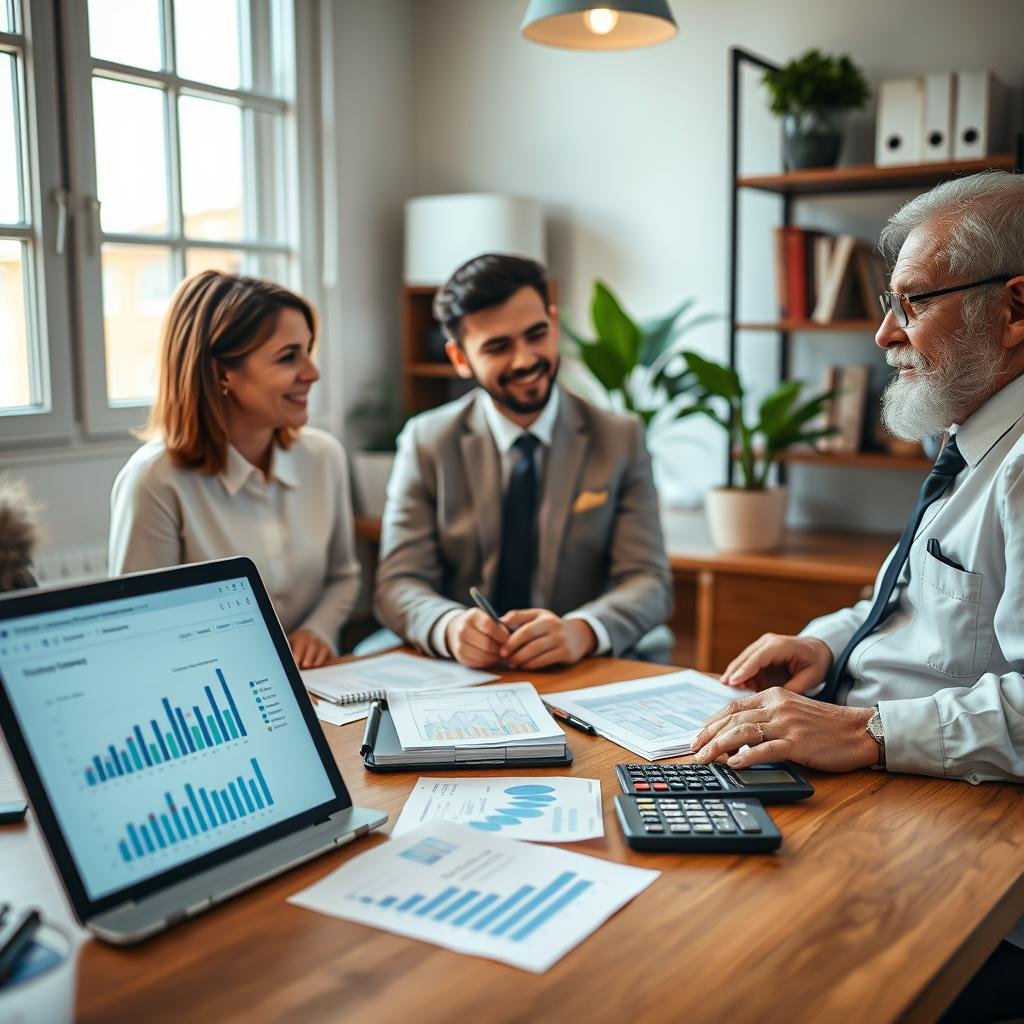 A cozy, professional office setting with a focus on a diverse group of three individuals: a middle-aged woman, a young man, and an elderly man, all in business attire, engaged in a discussion about life insurance policies. In the foreground, a wooden desk cluttered with documents and a laptop displaying graphs related to life insurance premiums. The middle section features a large window letting in warm, natural light, highlighting charts and calculators on the table, symbolizing budgeting and financial planning. In the background, shelves lined with insurance books and a potted plant to add a touch of vibrancy. The atmosphere is collaborative and optimistic, conveying a sense of security and support for financial futures. Soft focus, slightly angled from the side to create depth.