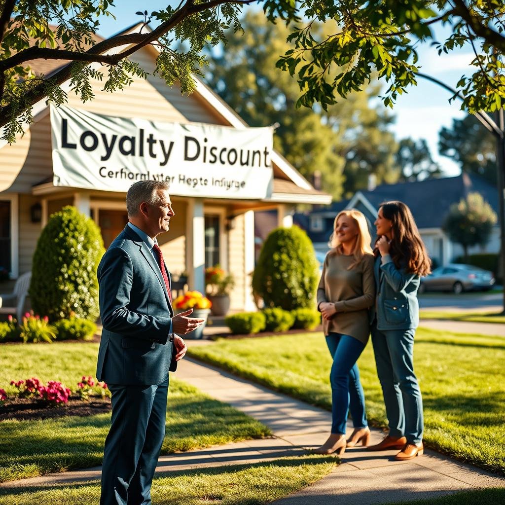 A cozy, suburban setting showcasing a welcoming home adorned with a "Loyalty Discounts" banner. In the foreground, a friendly insurance agent in professional attire interacts with a couple, demonstrating the benefits of loyalty discounts on home insurance. The couple, smiling and engaged, reflects trust and satisfaction. In the middle ground, a well-manicured lawn with decorative flowers enhances the inviting atmosphere. The background features a serene neighborhood with trees and a blue sky, suggesting peace of mind. Soft, warm lighting creates a friendly and encouraging mood, while a shallow depth of field focuses on the characters, making them the focal point of the scene.
