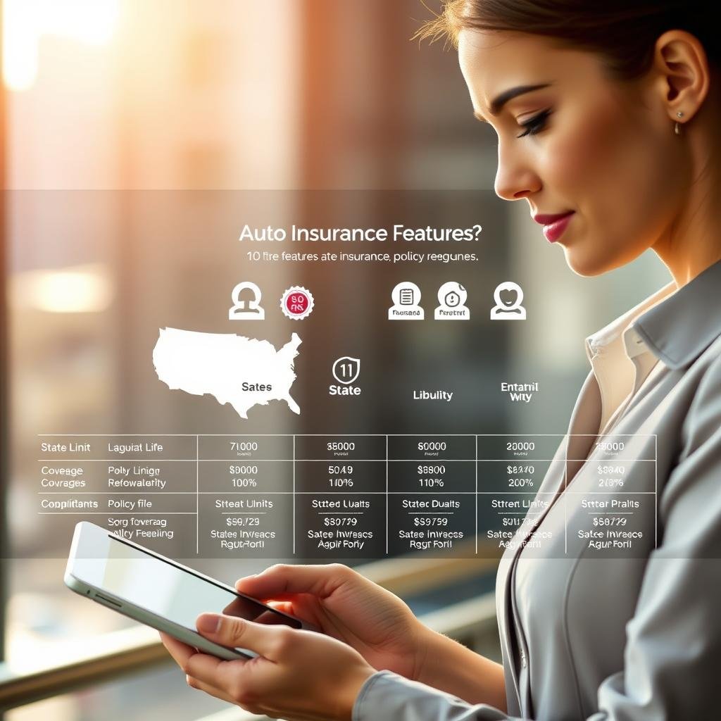 A detailed comparison of auto insurance policy features displayed visually, featuring a split-screen design. In the foreground, a professional-looking woman in business attire is analyzing a chart on her tablet, the chart showing various state-specific auto insurance regulations and features. In the middle, various icons representing policy elements like liability, coverage limits, and deductibles hover above different state outlines. The background includes a blurred cityscape with soft sunlight filtering through. The lighting is warm and inviting, creating a focused, analytical mood. The composition is shot from a slightly elevated angle, emphasizing the comparison of the policies and the importance of understanding local regulations.