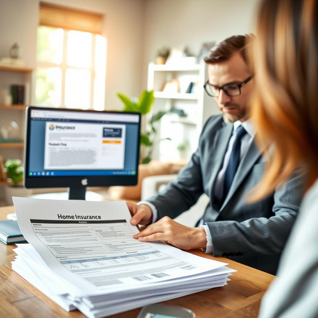 A detailed guide to home insurance claims, featuring a visually engaging layout. In the foreground, a professional dressed individual reviews a stack of insurance documents and a computer screen displaying a claims portal. The middle ground includes a cozy living room with a comfortable sofa, shelves filled with insurance brochures, and a calming houseplant. In the background, a window reveals a sunny day, casting soft, warm sunlight that creates a welcoming atmosphere. The image composition captures focus through a shallow depth of field, with the individual slightly blurred for contextual emphasis, creating a serene yet serious mood surrounding home insurance renewals. The overall tone is informative and reassuring.