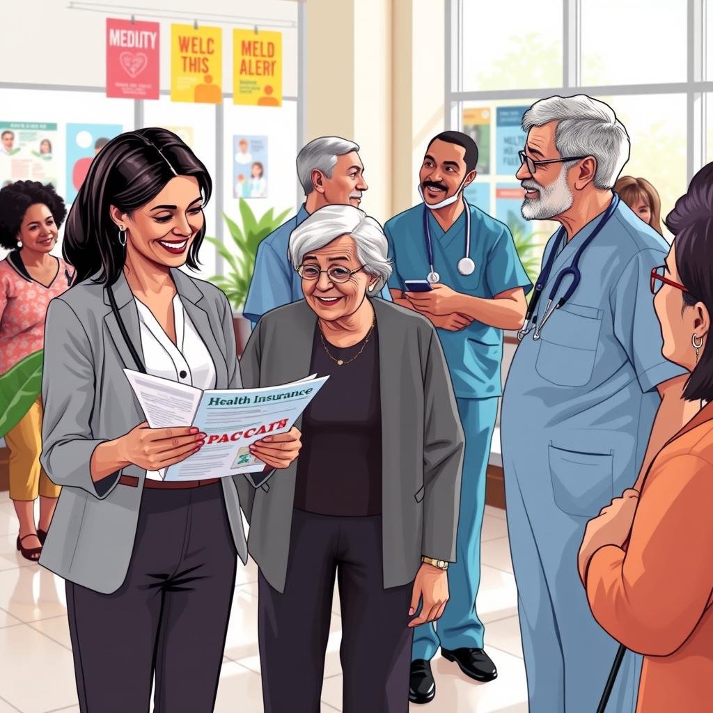 A detailed illustration of a diverse group of individuals representing Medicaid and Medicare beneficiaries, standing together in a modern, welcoming health clinic. In the foreground, a middle-aged woman in professional attire reviews health insurance pamphlets while a senior citizen smiles and nods in agreement. In the middle ground, health professionals in scrubs engage with patients, showcasing a friendly atmosphere. The background features a bright waiting area with colorful health-related posters and plants, casting soft, natural light from large windows. The overall mood is optimistic and supportive, reflecting the accessibility and affordability of health insurance. The angle captures the warmth of the clinic, emphasizing community and care.