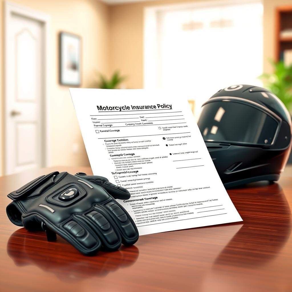 A detailed illustration of a motorcycle insurance policy document resting on a polished wooden desk. In the foreground, show the document with clear sections and bullet points highlighting essential coverage details like liability, collision, and comprehensive coverage. Surrounding the document are a pair of stylish motorcycle gloves and a sleek helmet, suggesting a connection to the motorcycle community. In the middle, include a soft-focus background of an office setting with a warm, inviting atmosphere, accentuated by diffused natural light coming through a nearby window. The scene conveys a sense of trust and professionalism, ideal for understanding motorcycle insurance policies. Ensure the image is clean and devoid of any text or logos.