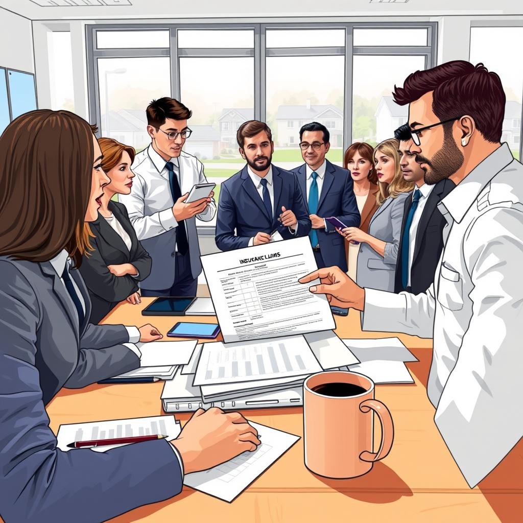 A detailed illustration of the insurance claim process for residential property, capturing a busy office environment. In the foreground, a diverse group of professionals in business attire is engaged in discussions, reviewing paperwork and communicating effectively. One person is gesturing towards a document showcasing a claim form. The middle layer features an open desk cluttered with claim files, a laptop displaying charts, and a coffee mug, symbolizing diligence and work ethic. The background shows a large window with natural light streaming in, revealing a suburban view with houses, reflecting the theme of home insurance. The atmosphere is serious yet collaborative, highlighting the importance of transparency and communication in handling disputes with insurers. The lighting is bright and professional, creating a positive yet focused mood.