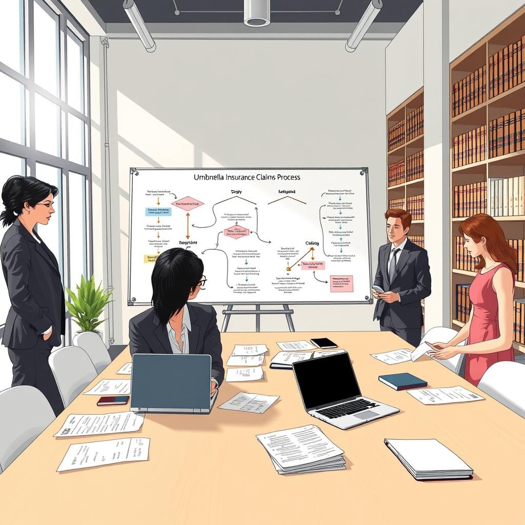 A detailed illustration of the umbrella insurance claims process, depicting a professional office environment. In the foreground, a diverse group of three individuals in business attire (one woman in a tailored suit, one man in a dress shirt and blazer, and another individual in a smart dress) are gathered around a conference table covered with paperwork and a laptop open to a claims form. The middle ground showcases a large whiteboard with flowcharts outlining the steps of the claims process, while sunlight streams in through large windows, creating a bright and optimistic atmosphere. In the background, bookshelves lined with legal textbooks and insurance manuals add depth to the scene. Shot from an angle that emphasizes collaboration and professionalism, the mood should reflect a sense of progress and clarity in managing insurance claims.