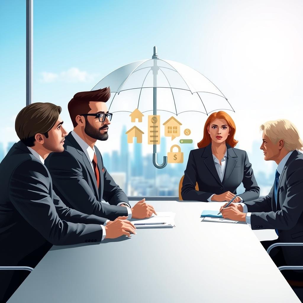 A detailed illustration representing personal liability insurance. In the foreground, a diverse group of three professionals—two men and one woman—are engaged in a discussion, all dressed in sharp business attire, comfortably seated around a sleek conference table. The middle layer features a transparent umbrella symbolizing protection, under which various assets like a house, car, and savings are displayed. In the background, a soft-focus city skyline transitions into a serene blue sky, suggesting stability and security. The lighting is bright and warm, casting welcoming shadows that enhance the professionalism of the scene. The mood is calm and reassuring, visually conveying the importance of understanding policy limits in safeguarding one’s assets.