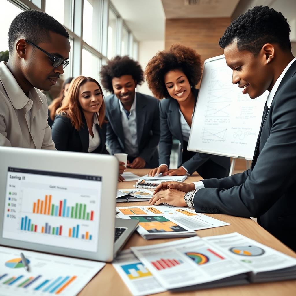 A diverse group of individuals in professional business attire is gathered around a table, engaged in a collaborative discussion about health insurance savings. In the foreground, a laptop displays various charts and graphs illustrating cost-saving strategies, like discounts and special programs. The middle ground features colorful brochures and informational pamphlets about health insurance options spread across the table. In the background, a whiteboard is filled with handwritten notes and diagrams highlighting key points about finding discounts. Soft, natural lighting filters in through large windows, creating a warm and inviting atmosphere, symbolizing hope and empowerment in navigating health insurance costs. The angle captures the teamwork and determination in their expressions, evoking a sense of optimism.