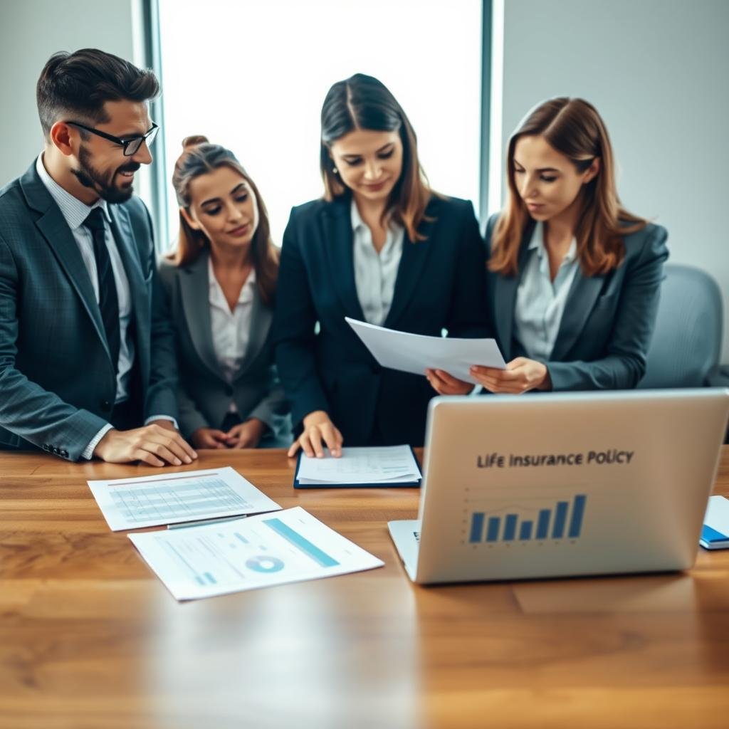 A diverse group of three professional individuals, one male and two female, discussing a life insurance policy in a well-lit office setting. The foreground features a polished wooden table with documents and a laptop displaying life insurance graphs. In the middle ground, the individuals are engaged in conversation; one woman is pointing at a document, while the other two listen intently, dressed in smart business attire. The background shows a large window with natural light streaming in, providing a bright and optimistic atmosphere. Soft focus on the background enhances the clarity of the discussion. The mood conveys collaboration, trust, and professionalism, emphasizing the importance of beneficiaries in understanding life insurance coverage.