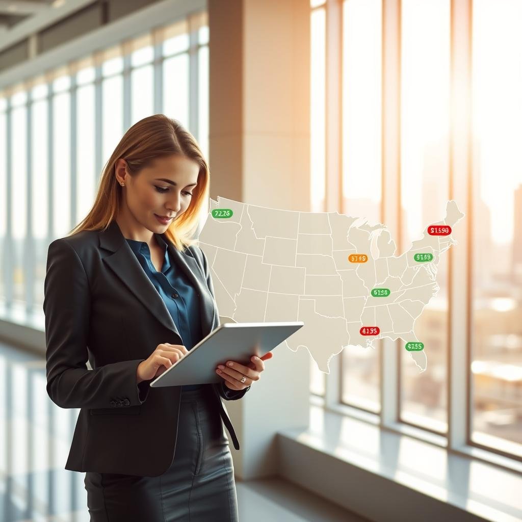 A dynamic and informative scene depicting competitive auto insurance rates in a state-specific context. In the foreground, a professional-looking woman in business attire is reviewing auto insurance documents on a sleek digital tablet. Middle ground features a virtual map highlighting various states with colorful icons representing different insurance rates, showcasing diversity in pricing. The background is a modern office setting with tall windows pouring in natural light, creating an optimistic atmosphere. Soft focus on the window views, with a city skyline visible. The lighting is bright yet warm, evoking a sense of clarity and possibility in navigating insurance options. The composition should convey professionalism, accessibility, and the importance of informed decision-making in auto insurance choices. A dynamic and informative scene depicting competitive auto insurance rates in a state-specific context. In the foreground, a professional-looking woman in business attire is reviewing auto insurance documents on a sleek digital tablet. Middle ground features a virtual map highlighting various states with colorful icons representing different insurance rates, showcasing diversity in pricing. The background is a modern office setting with tall windows pouring in natural light, creating an optimistic atmosphere. Soft focus on the window views, with a city skyline visible. The lighting is bright yet warm, evoking a sense of clarity and possibility in navigating insurance options. The composition should convey professionalism, accessibility, and the importance of informed decision-making in auto insurance choices.
